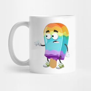 cartoon scared rainbow colors ice cream on a stick mascot in sneakers Mug